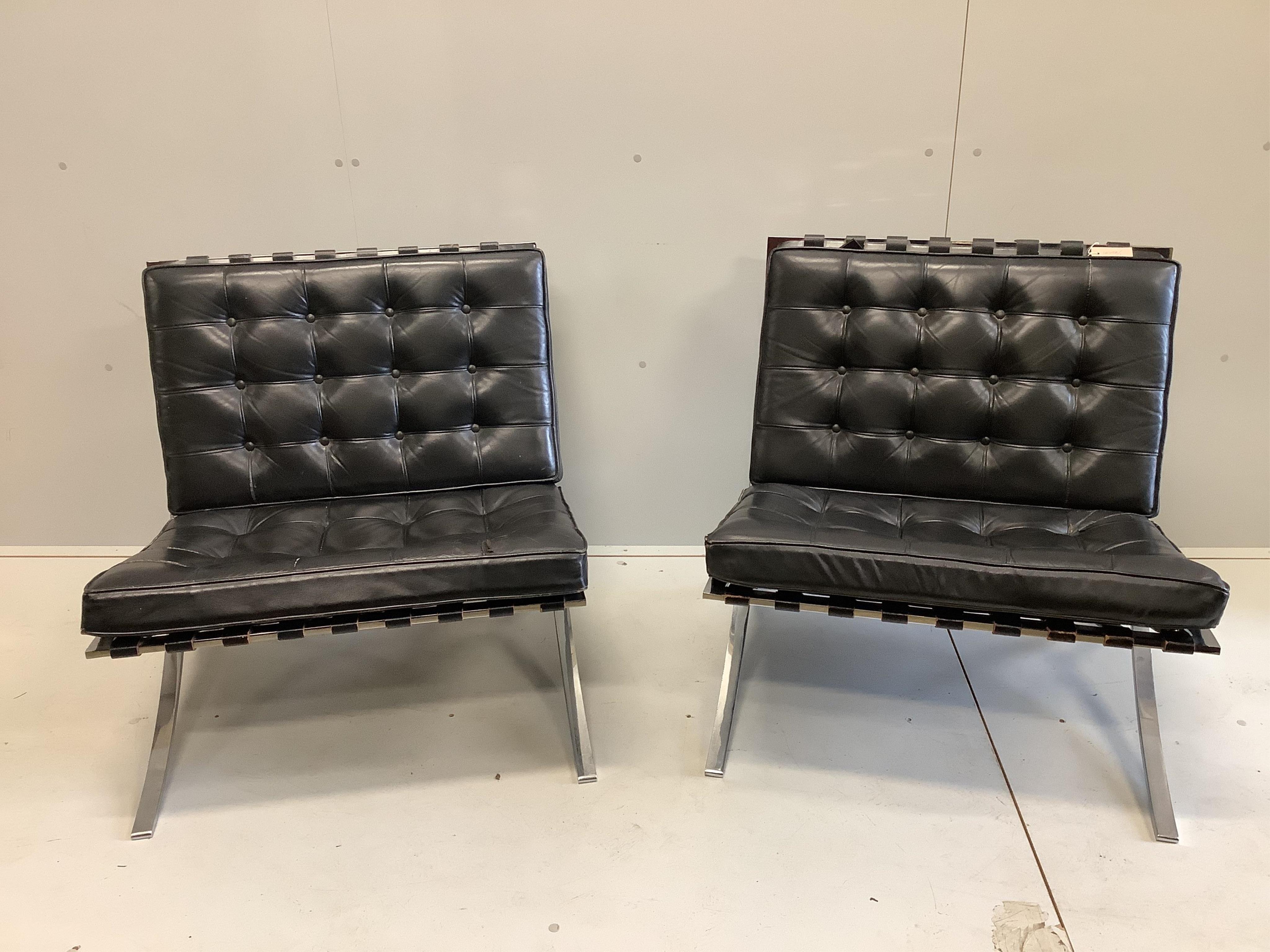 A pair of Barcelona chairs, width 75cm, depth 76cm, height 74cm